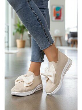 Oversized Bow Knit Slip-On Sneakers Breathable Round Toe Cute Athleisure Shoes